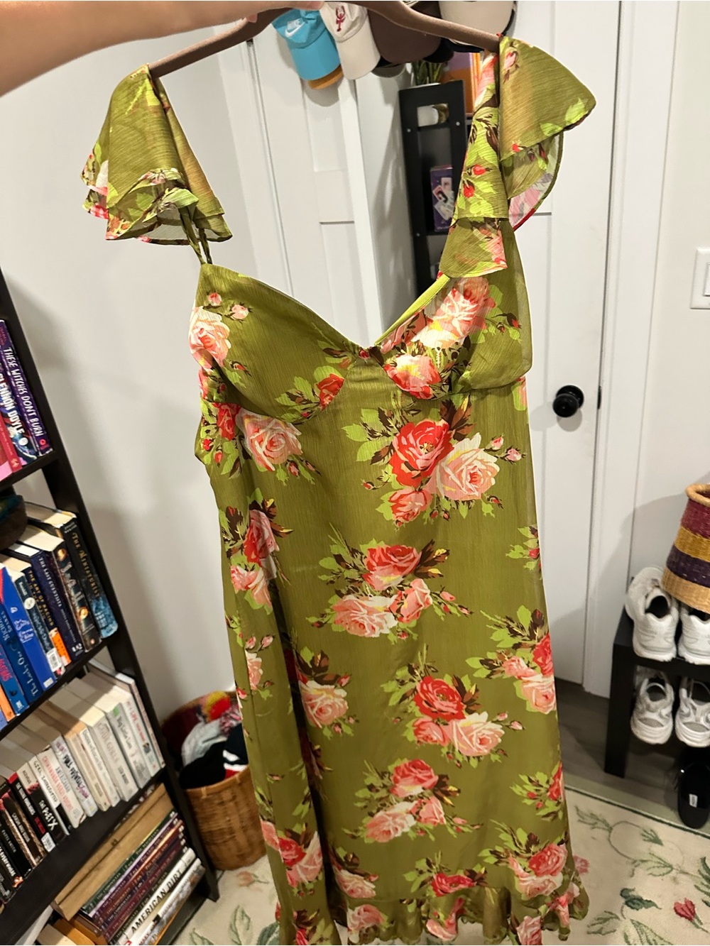 Betsey Johnson Olive Green Floral Midi Slip Dress
